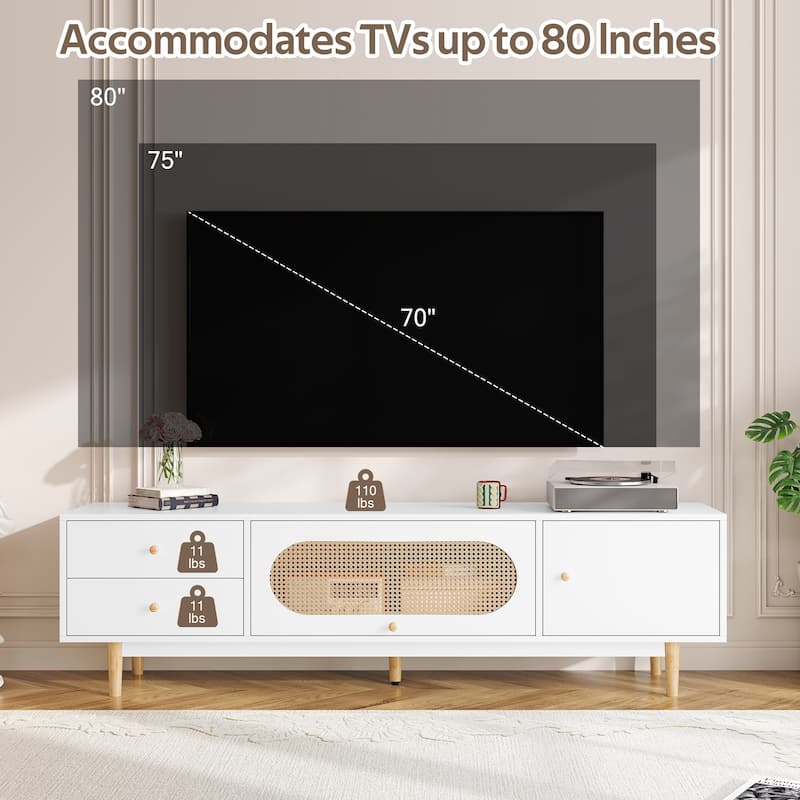 Roomfitters 70 Inch TV Stand for TVs up to 80 Inch, Minimalist Media Console Table with Storage Drawers, White
