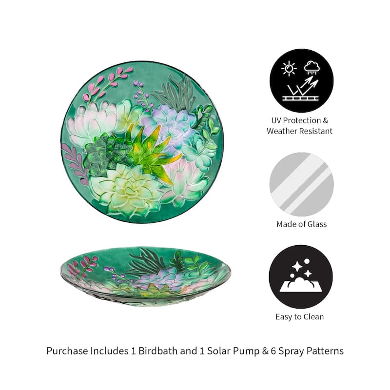 18" Glass Bird Bath Succulent w Solar Fountain