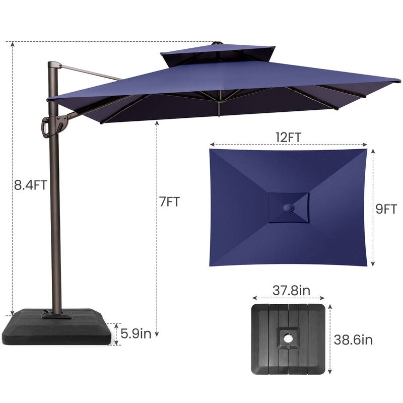 9 x 12 ft Double Top Patio Cantilever Umbrella with Base, 360-degree Rotation
