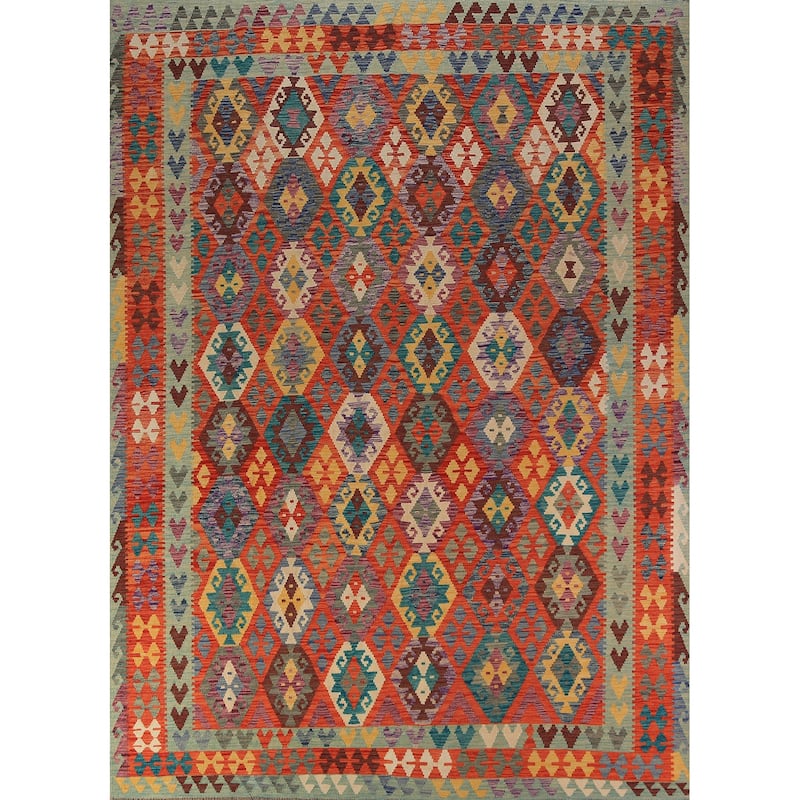 Orange Kilim Reversible Rug Flatweave Oriental Wool Carpet - 8'5"x 11'2"