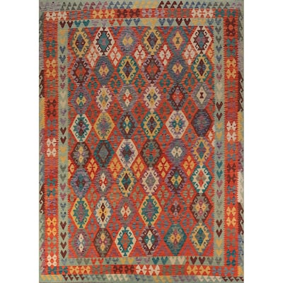 Orange Kilim Reversible Rug Flatweave Oriental Wool Carpet - 8'5"x 11'2"