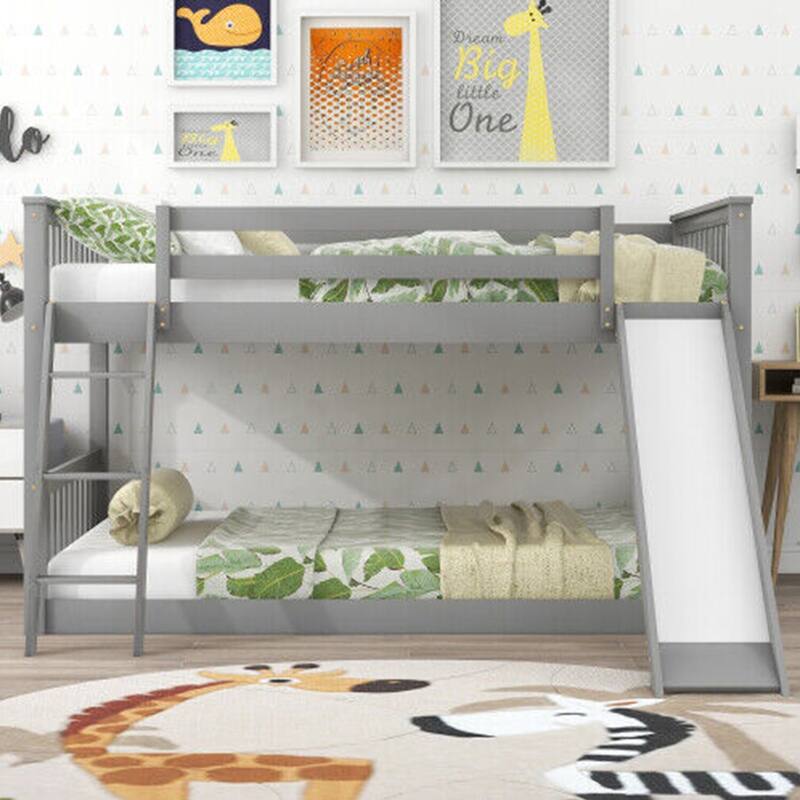 Twin Size Wood Bunk Bed with Slide Platform Bed Frame Bedroom Gray