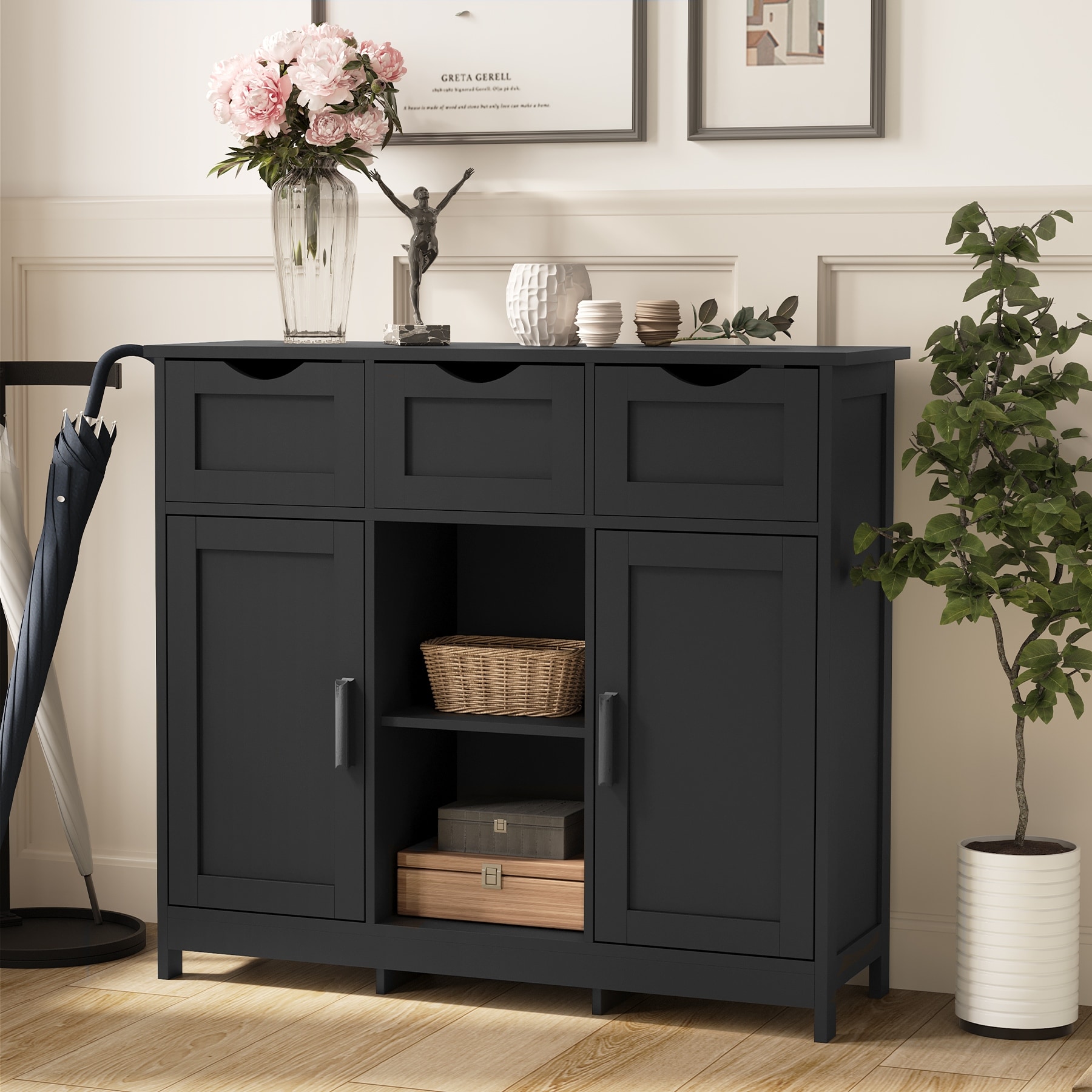 Anmytek Black 3 Drawer Storage Cabinet with Adjustable Shelf Shaker Style Entryway Console