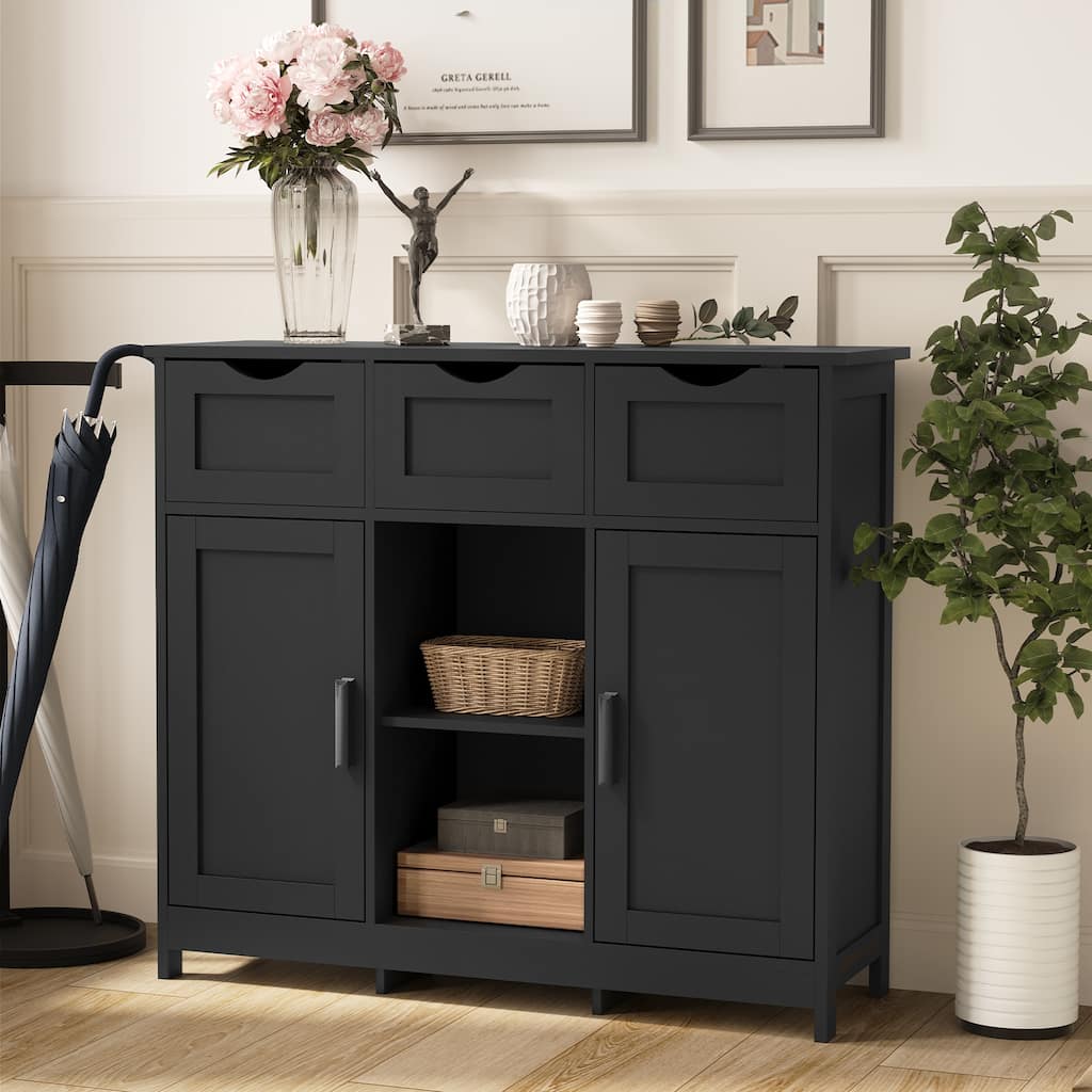 Anmytek Black 3 Drawer Storage Cabinet with Adjustable Shelf Shaker Style Entryway Console