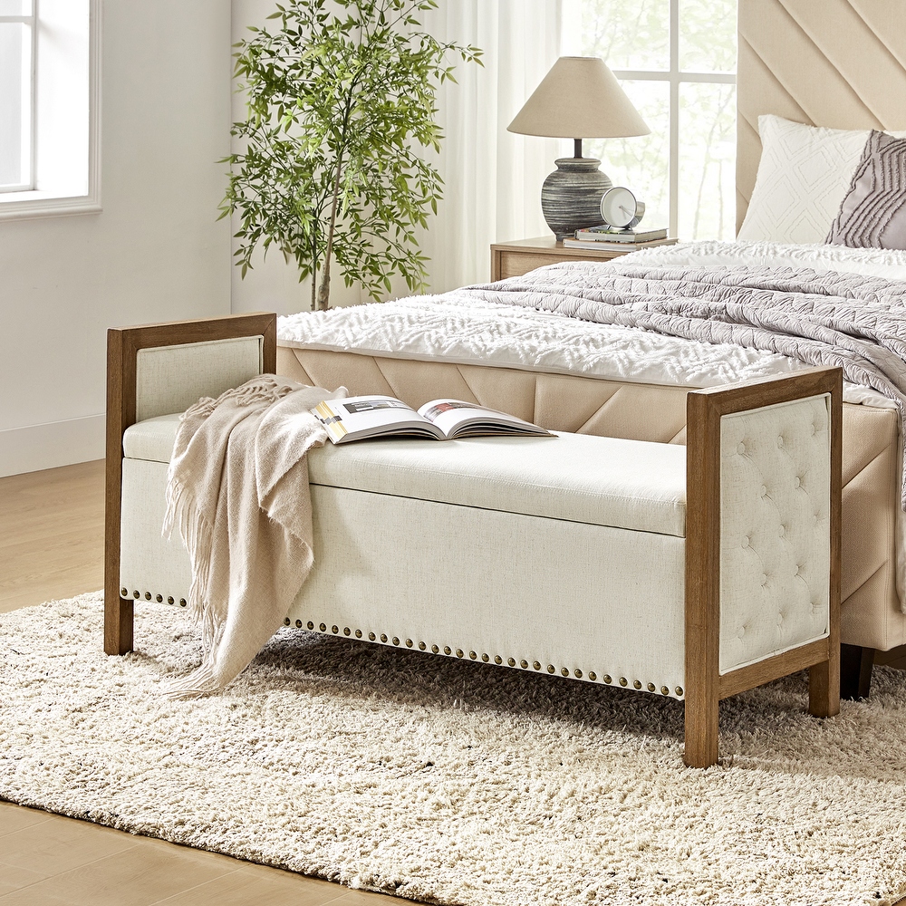Storage bench in front of hot sale bed