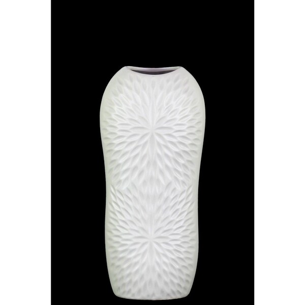 Ceramic Tall Engraved Leaf Design Half-Circle Vase, Small, White