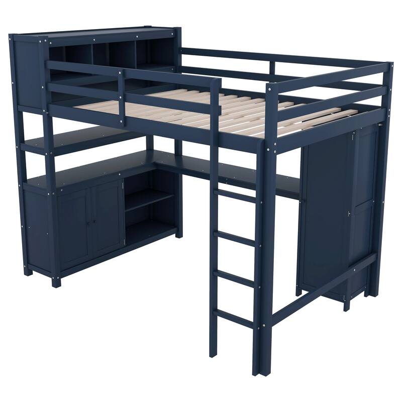 Full Size Pine Wood Loft Bed with Cabinet and Bookshelf, Wardrobe and Desk for Kids