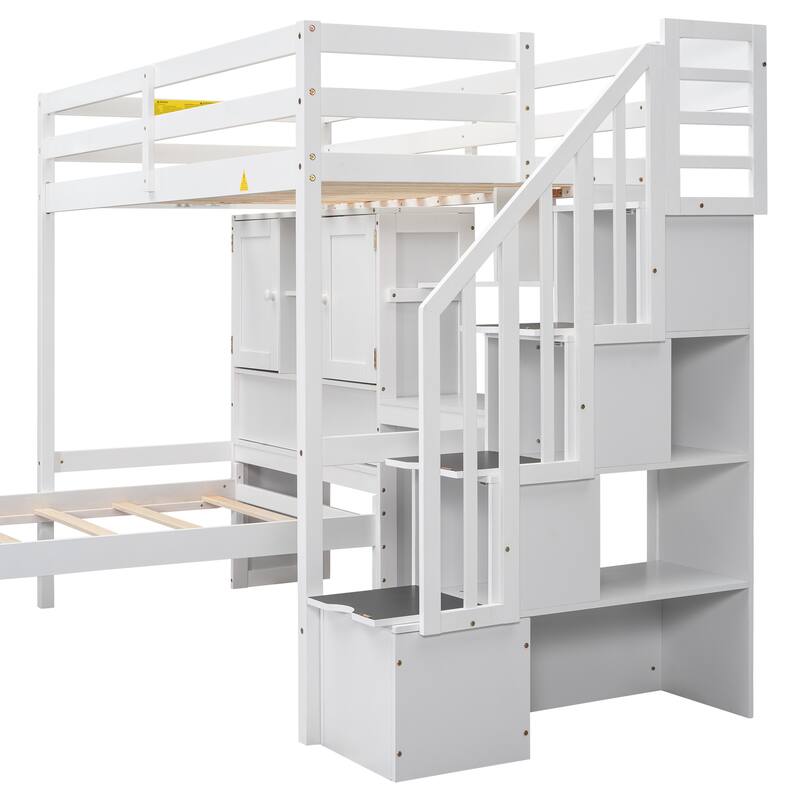 White Twin over Twin Loft Bed with Built-in Desk, Staircase & Storage