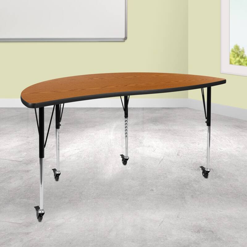 Mobile 60" Half Circle Wave Collaborative Adjustable Height Activity Table - Oak
