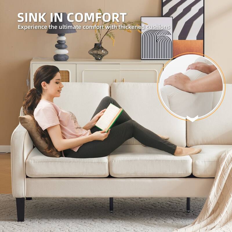 EROMMY Modern 3-Seater Fabric Sofa Couch, Ergonomic Living Room Couch with Washable Cushions and Solid Wood Legs, Gray or Beige