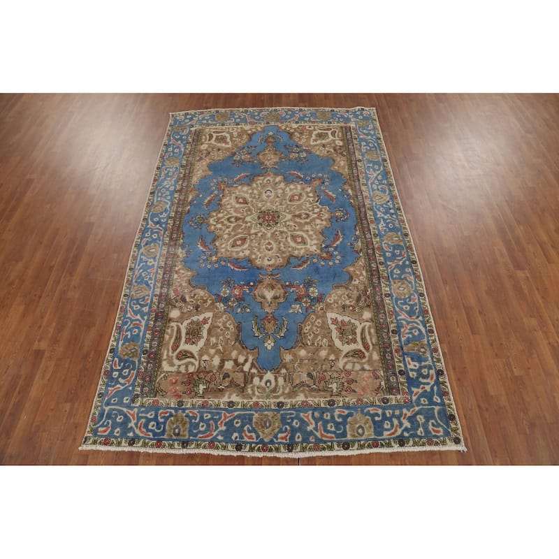 Blue Tabriz Persian Vintage Area Rug Handmade Bedroom Wool Carpet - 6'2"x 9'9"