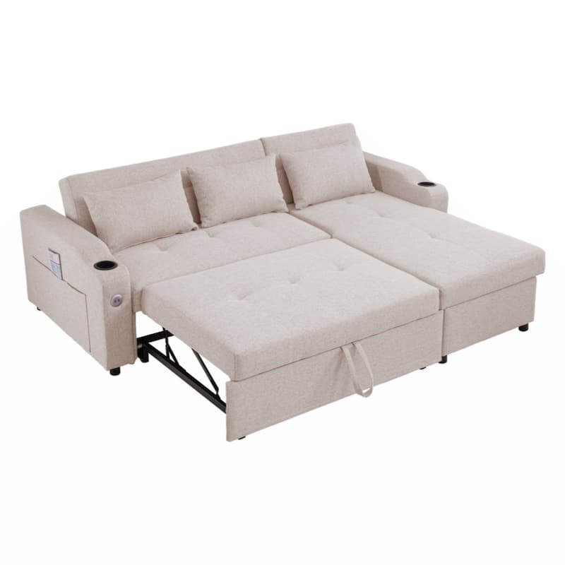 84"Adjustable Backrest Sofa Bed,3 in 1 Linen Sleeper with USB Ports & Cup Holders, Pull Out Couch Bed with Storage Chaise