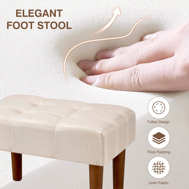Javlergo Set of 1 or 2 Linen Ottoman Foot Rest with Wooden Legs Tufted Rectangle Upholstered Footstool for Couch Living Room
