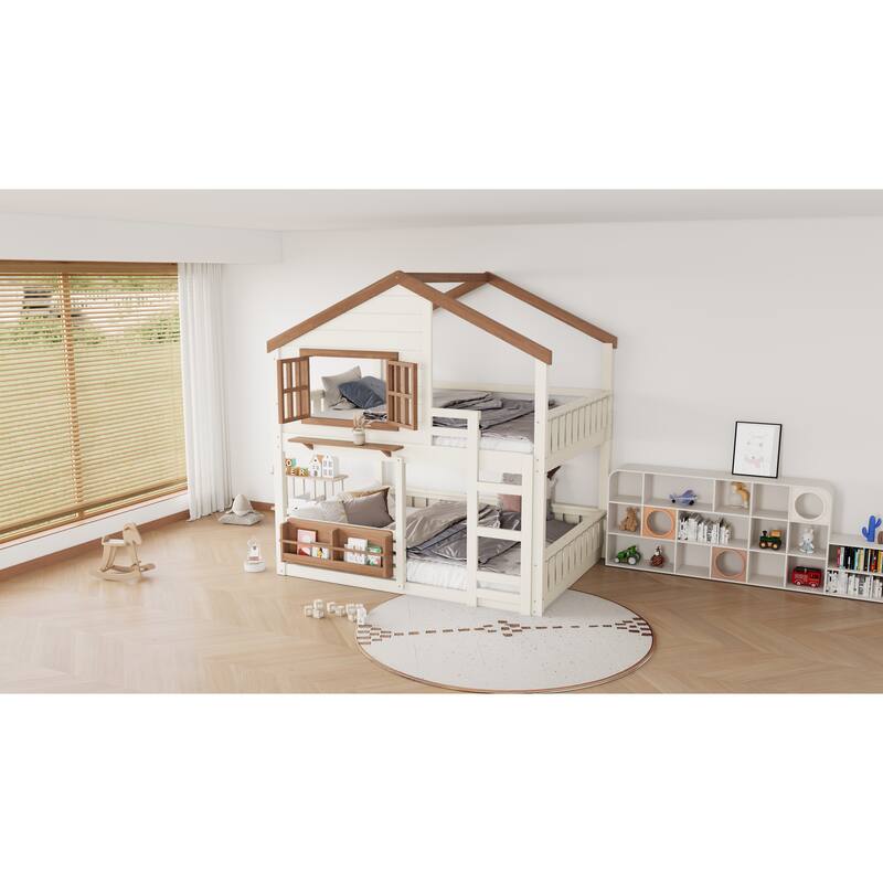 Full Size Bunk Bed/Loft Bed with Bookshelf, House Design, High-Quality Safety Fencing