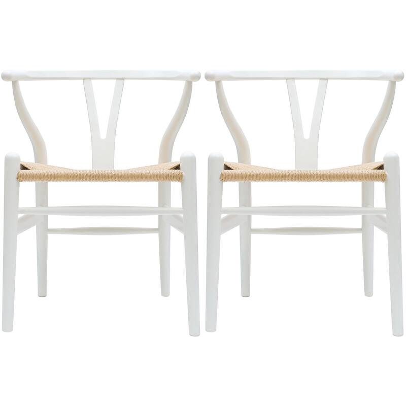 Set of 2 Modern Wish bone Solid Wooden Dining Chair with Woven Paper cord Seat, Farmhouse Y Back Elbow Side Chair - Set of 2 - White - Dining Height