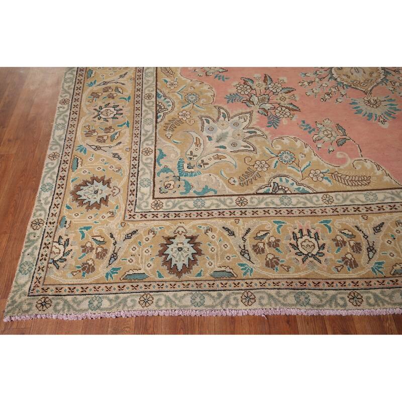 Pink Tabriz Vintage Persian Area Rug Handmade Wool Carpet - 9'9" x 13'0"