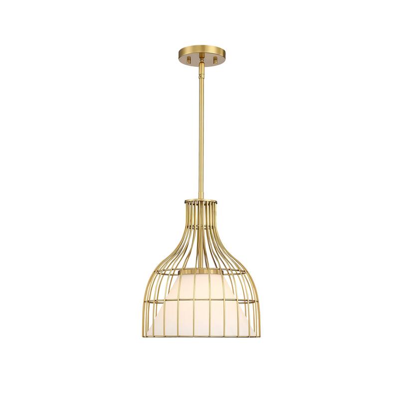 Evensong 60 Watt 1-Light Brushed Gold Bell Pendant with Etched Opal Glass Shade and Metal Outer Cage - 14.75