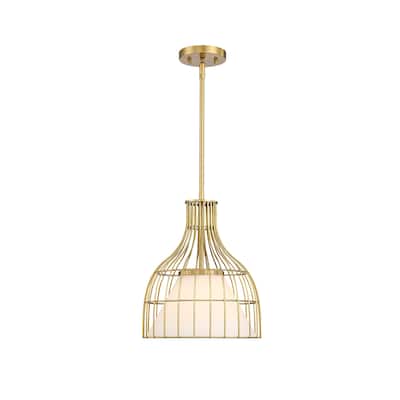 Evensong 60 Watt 1-Light Brushed Gold Bell Pendant with Etched Opal Glass Shade and Metal Outer Cage - 14.75