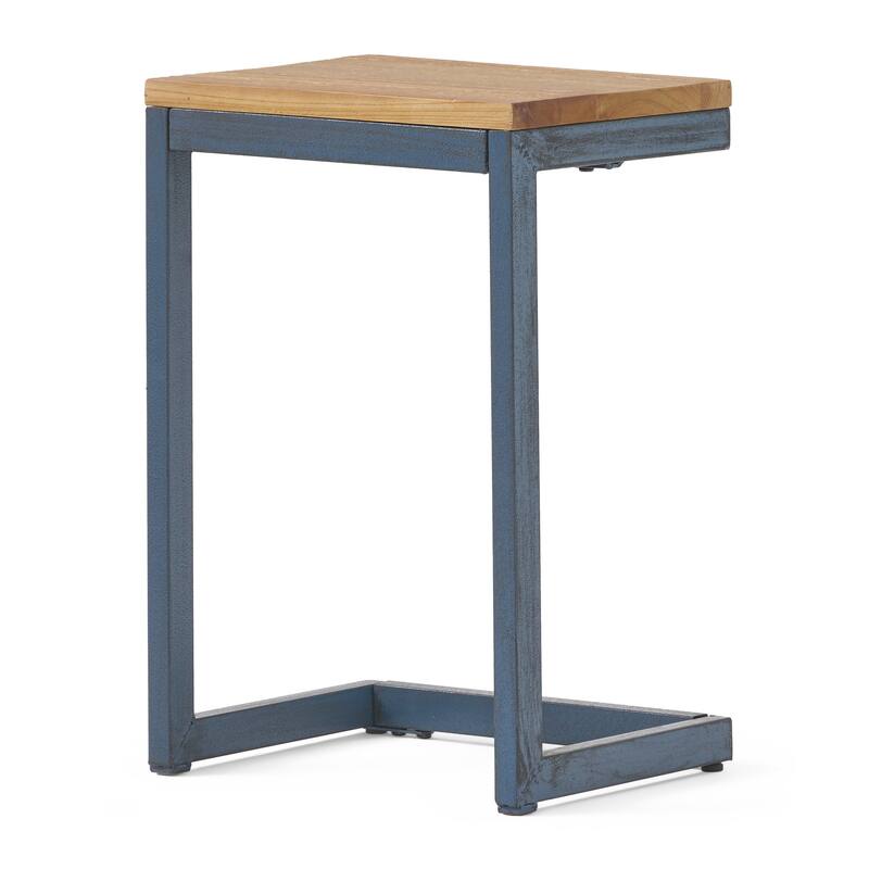 Small Accent End Table, 13 Inch, C Shaped Iron Legs, Black, Brown Wood