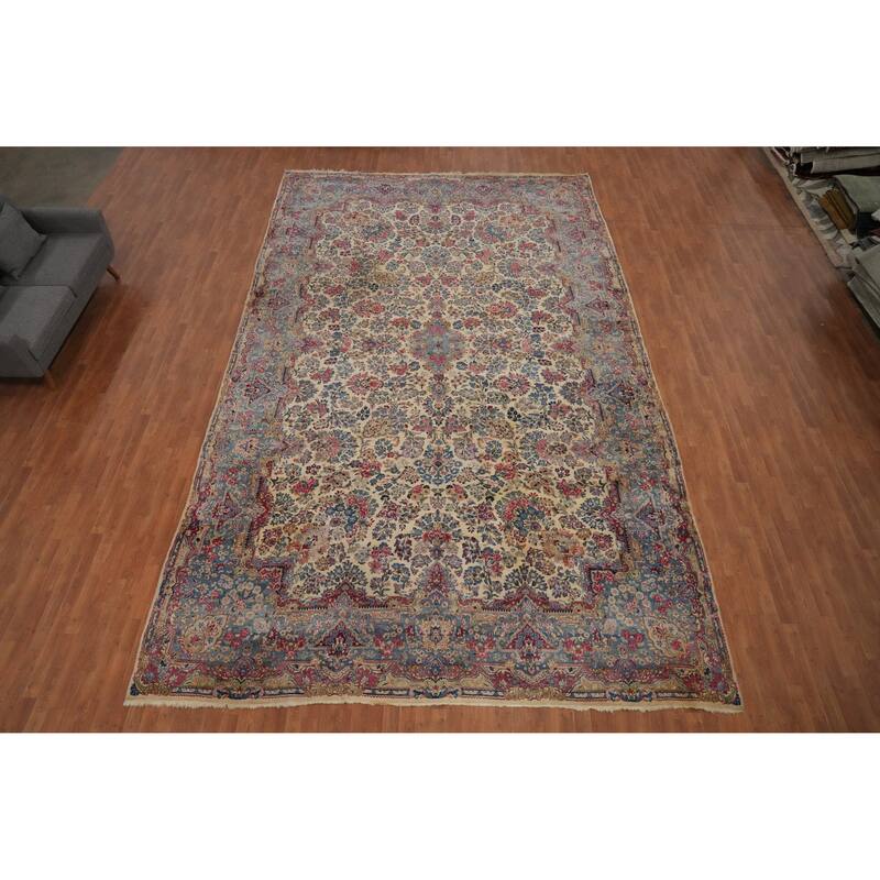 Hand Knotted Oriental 100% Wool Carpet Traditional Floral Beige & Ivories Kerman Area Rug - 17' 9'' X 10' 8''