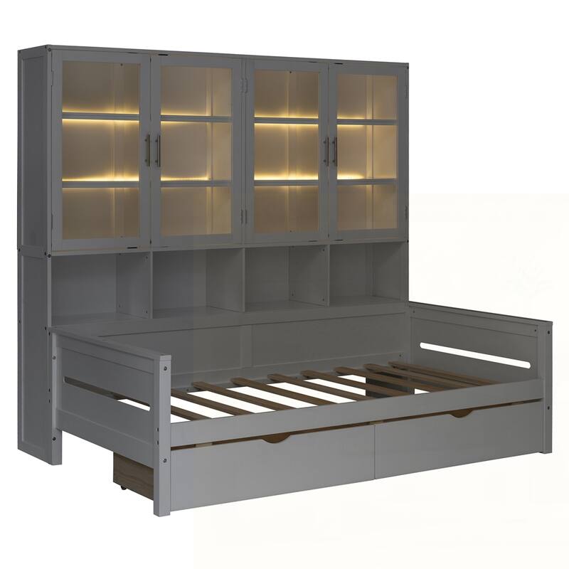 Wooden Daybed with Glass-Door Storage Cabinets and Built-in LED Lighting