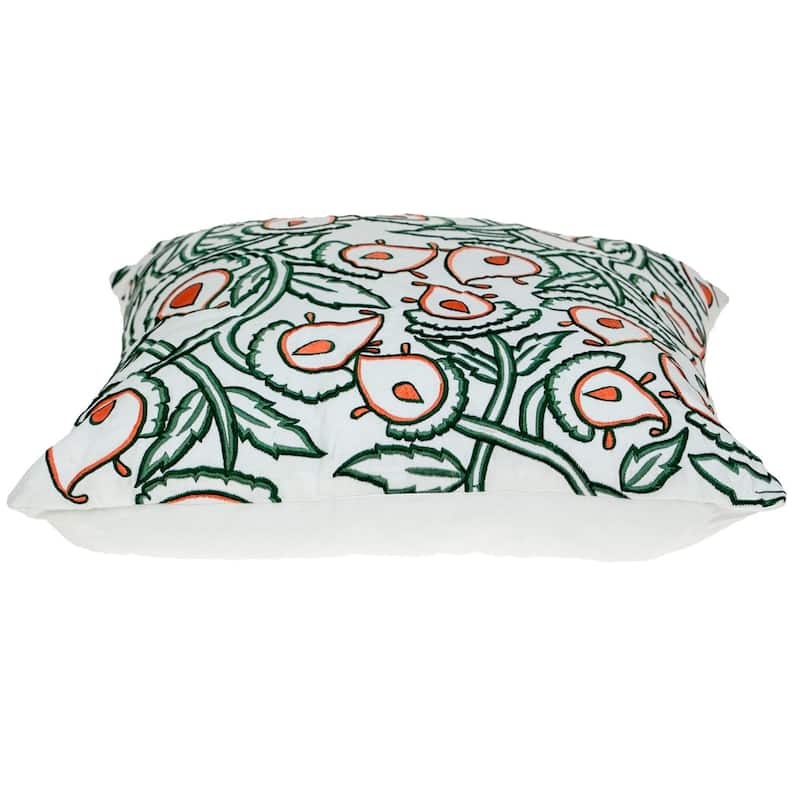 HomeRoots 22" Green and White Cotton Throw Pillow with Embroidery