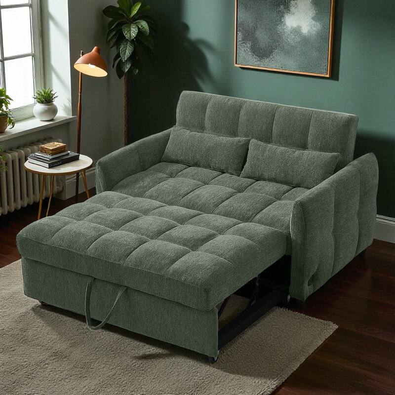 52.8" Loveseat Pull-Out Sleeper Sofa Bed with Adjustable Backrest, USB Ports and Pillows, Tufted Chenille Sofa