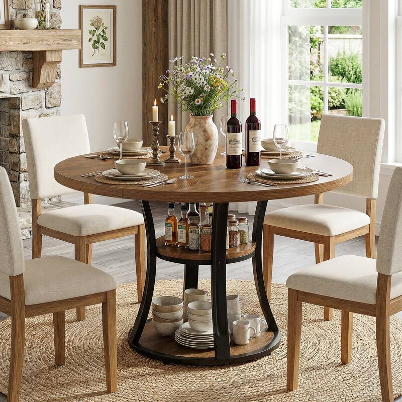 39 Inch Round Pedestal Dining Table with 2-Tier Storage Shelf - 39.37" D x 39.37" W x 29.53" H