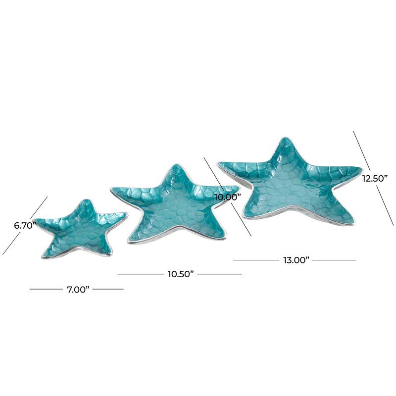 White or Teal Aluminum Metal Handmade Textured Enameled Starfish Decorative Bowl with Silver Base (Set of 3)