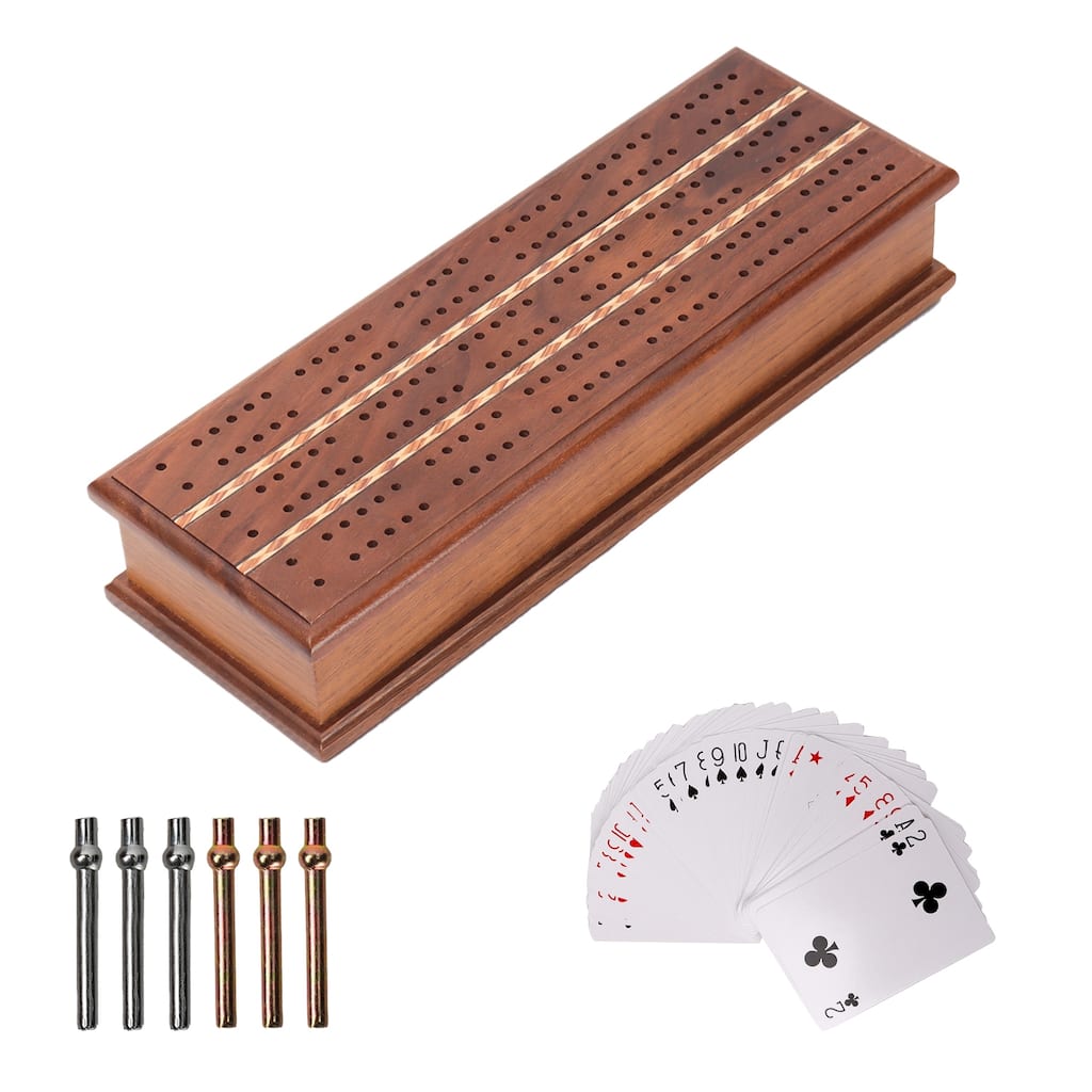 GSE Deluxe 2-Track Wooden Cribbage Board Game Box with Playing Card Deck, 6 Metal Pegs and Storage Drawer