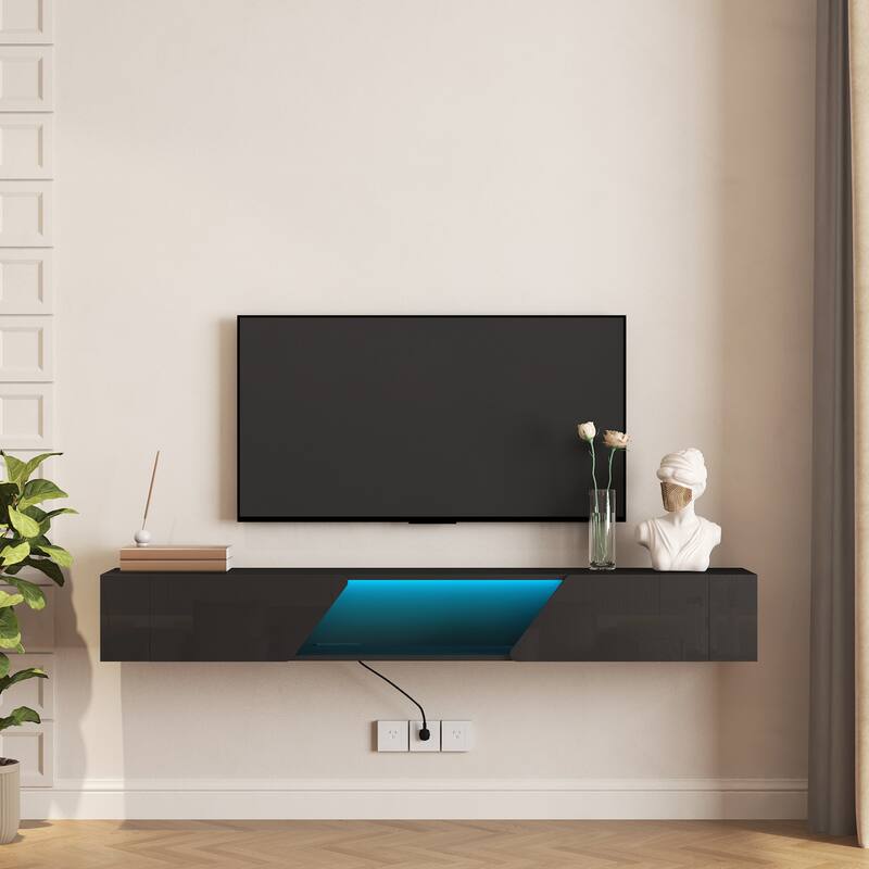 Modern Wood Wall Mount TV Bracket for TVs up to 65", Storage LED Entertainment Media Center with Open Shelves for Living Room