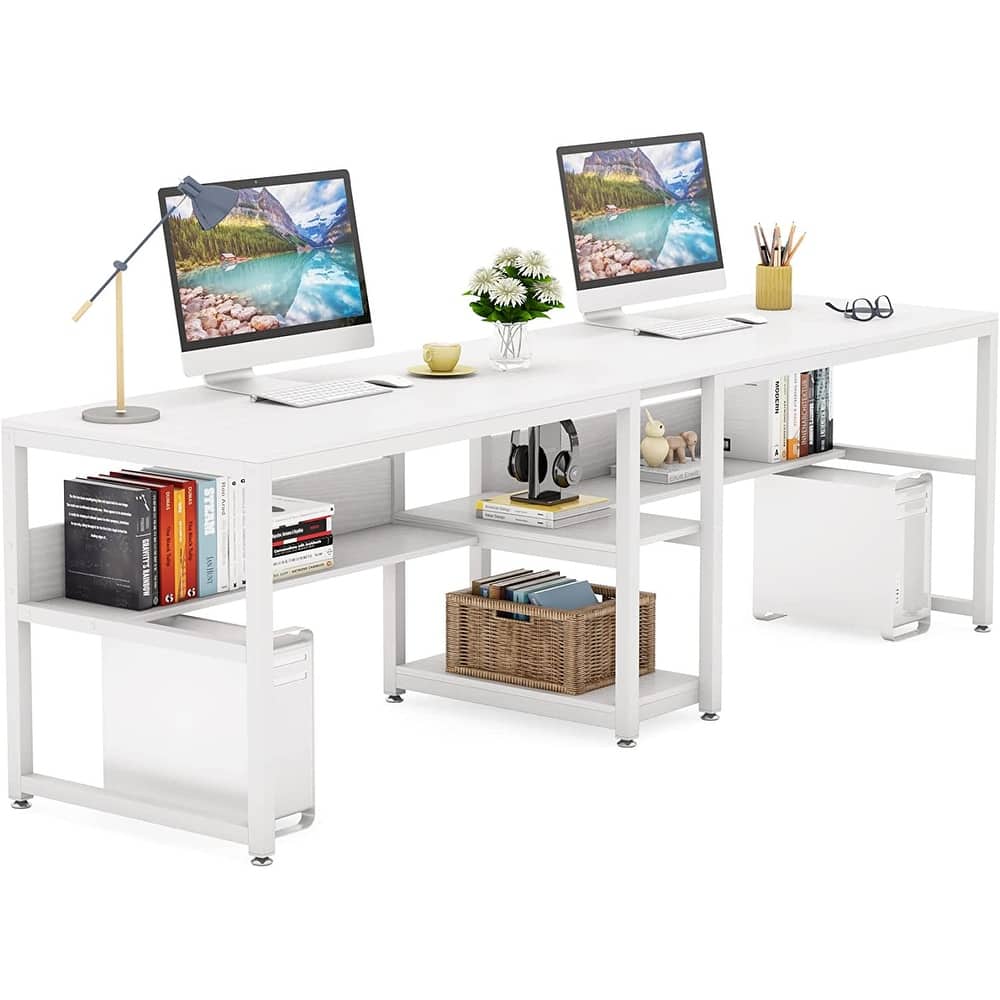 Two Person Desk with Bookshelf, 78.7 Computer Office Double Desk for Two Person