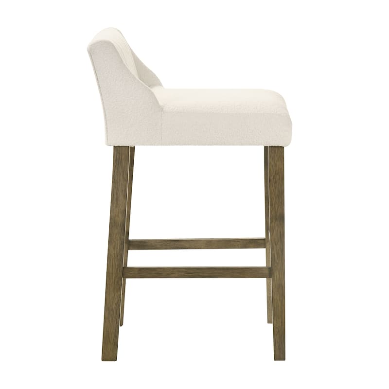Fauna Low-Back Boucle Bar Stool, Upholstered Counter Height Kitchen Barstool with Wood Legs