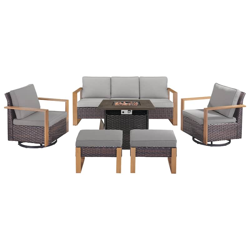 Pocassy Outdoor Fire Pit with 3-Seat Sofa Swivel Chairs Patio Furniture Set