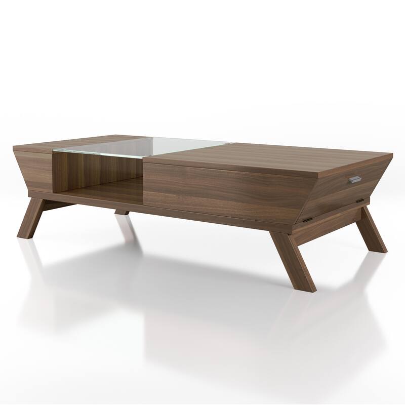 24/7 Shop At Home Mid-Century Walnut 47-inch Glass Insert 1-Shelf Coffee Table