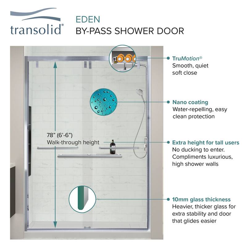 Eden 60 in. W x 80 in. H By-Pass Semi-Frameless Shower Door with Low Iron Glass - 56-60-in W x 80-in H