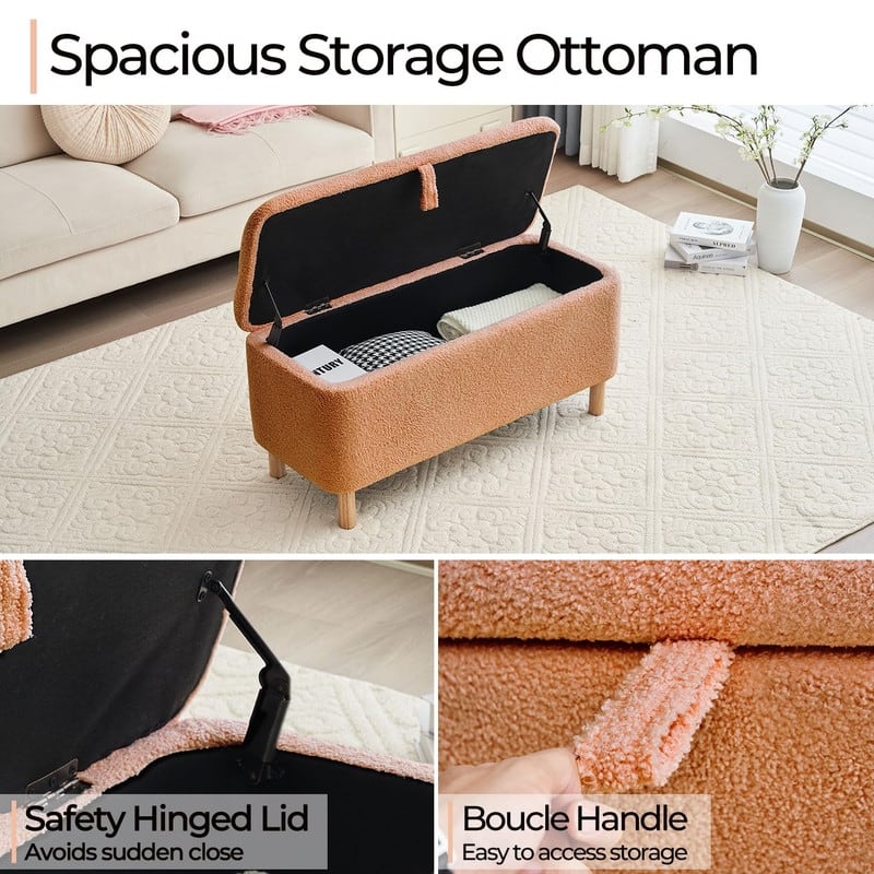 39.5" Off White Boucle Storage Ottoman Bench Sherpa Storage Bench Ottoman Foot Rest End of Bed for Living Room Bedroom,Wood Leg