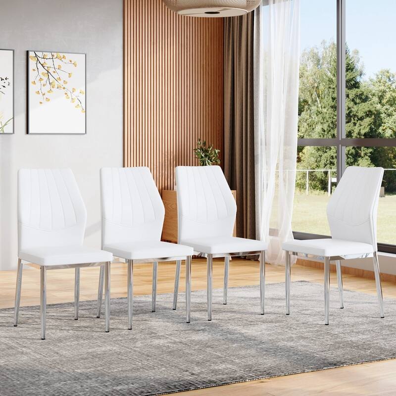 Ergonomic Dining Chair with PU Backrest - Comfort & Style for Modern Dining - White+Silver - Set of 4