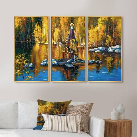 Designart "Temple Of Saint Andrew On The Small Island" Lake House Framed Canvas Wall Art Print Set of 3 - 4 Colors of Frames