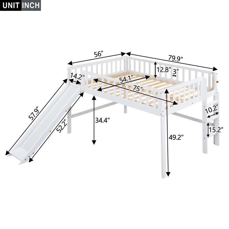 Low Loft Bed Full Size with Ladder and Slide, Solid Wood Full Loft Bed Frame with Full-Length Guardrail for Kids, Boys, Girls