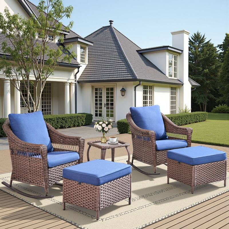 Pocassy Outdoor Rocker Chairs Patio Funiture Set - Brown & Blue - 5 Pieces