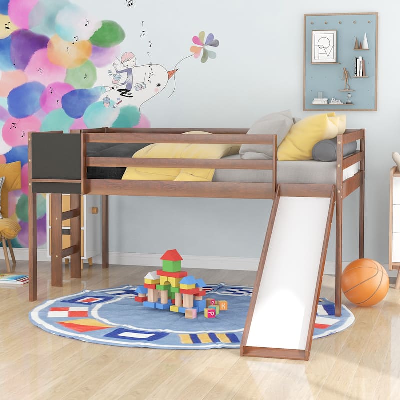 Loft Bed Wood Bed with Slide, Stair and Chalkboard