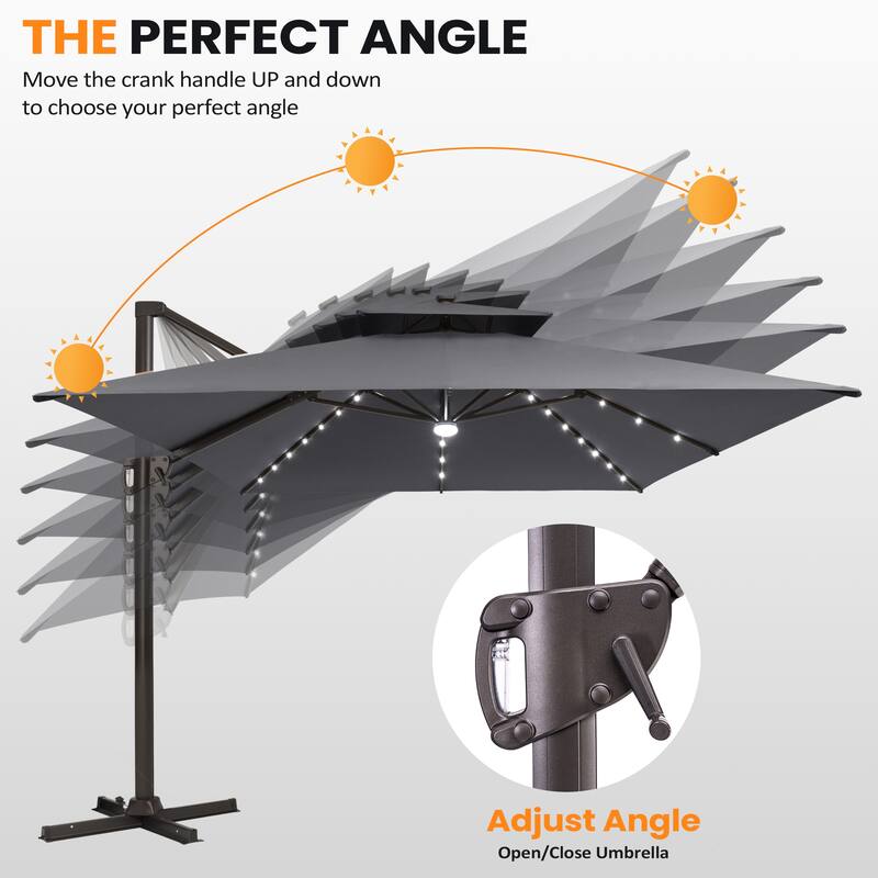 VredHom 9x11 FT Daul Top Rectangular Outdoor Patio Cantilever Umbrella Solar LED Lighted with Rod Base