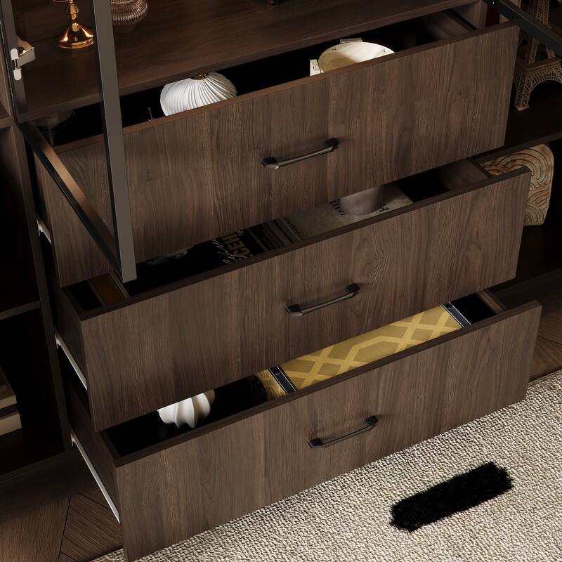 Bookshelves Bookcase Modular Glass Display Cabinet with LED Lights, Dark Wood Storage Combination Cabinet System