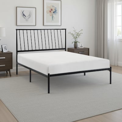 Angie King Size Platform Metal Bed, Subtly Angled Slats on Headboard, Black