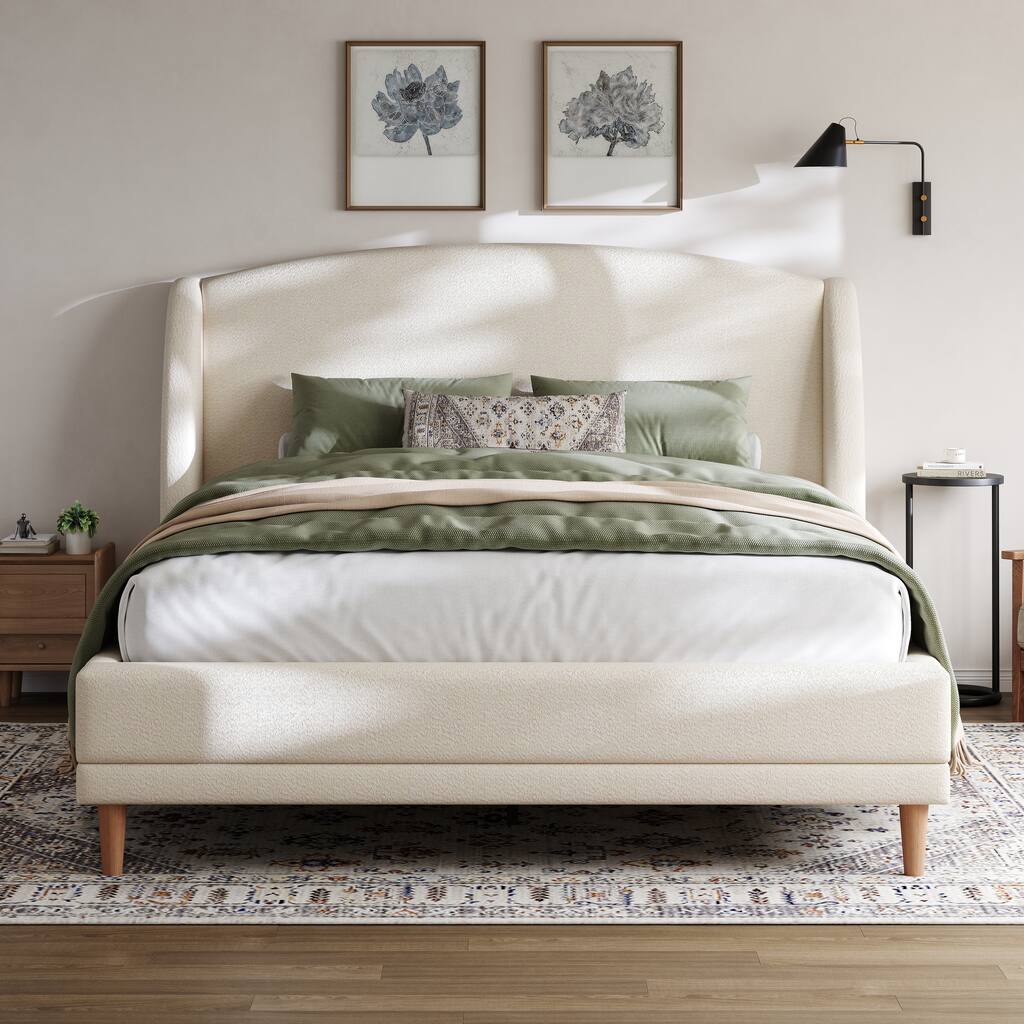 Boucle Upholstered Platform Bed with Rounded Corner Wingback Headboard