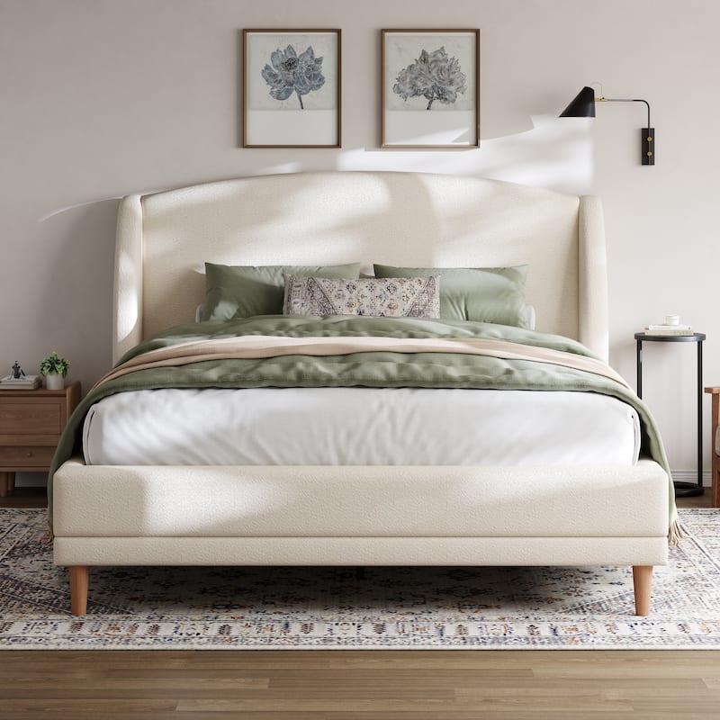 White Platform Bed, Boucle Fabric Upholstered Frame Rounded Corners Headboard Wingback Bed with Wood Slat Support