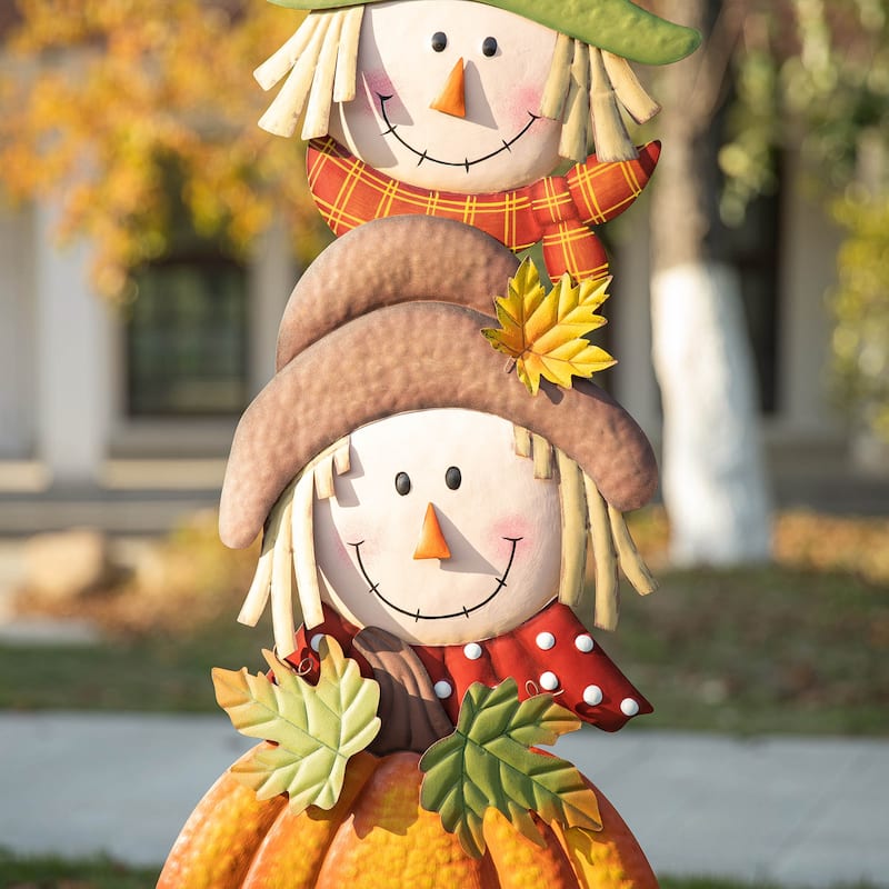 Glitzhome 46"H Fall Metal Stacked Scarecrow & Pumpkin Yard Stake for Thanksgiving Decor
