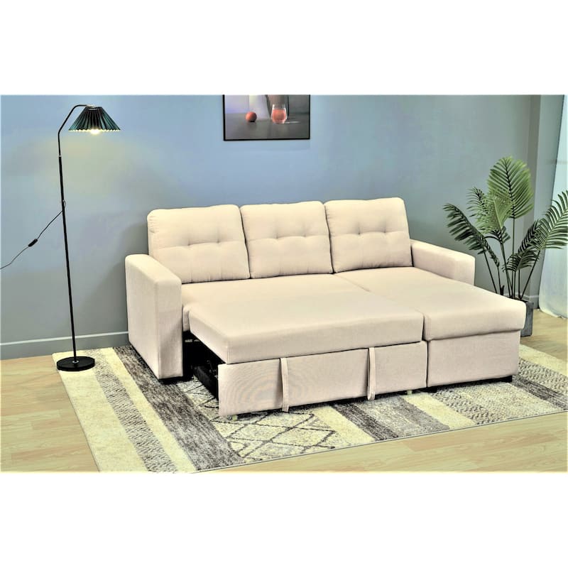 Convertible L-Shaped Sleeper Sofa, Beige Polyester, 80x59x36 inches - Space-Saving