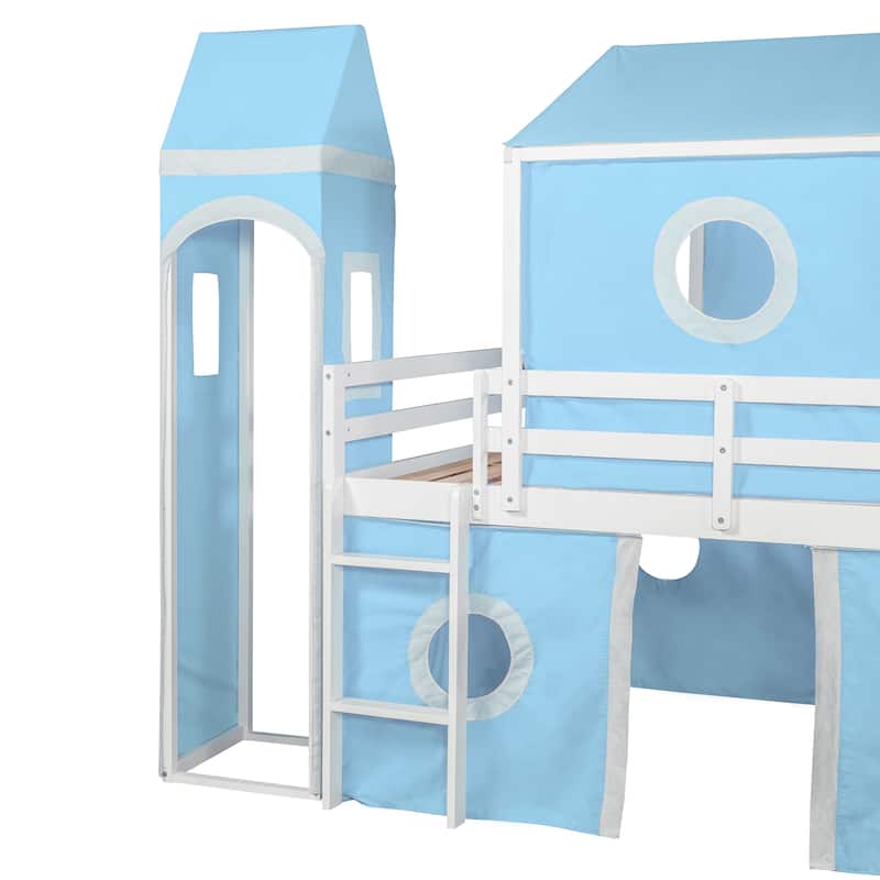 Full Size Loft Bed with Slide, Pink Tent, and Tower in Blue - Durable Pinewood Construction